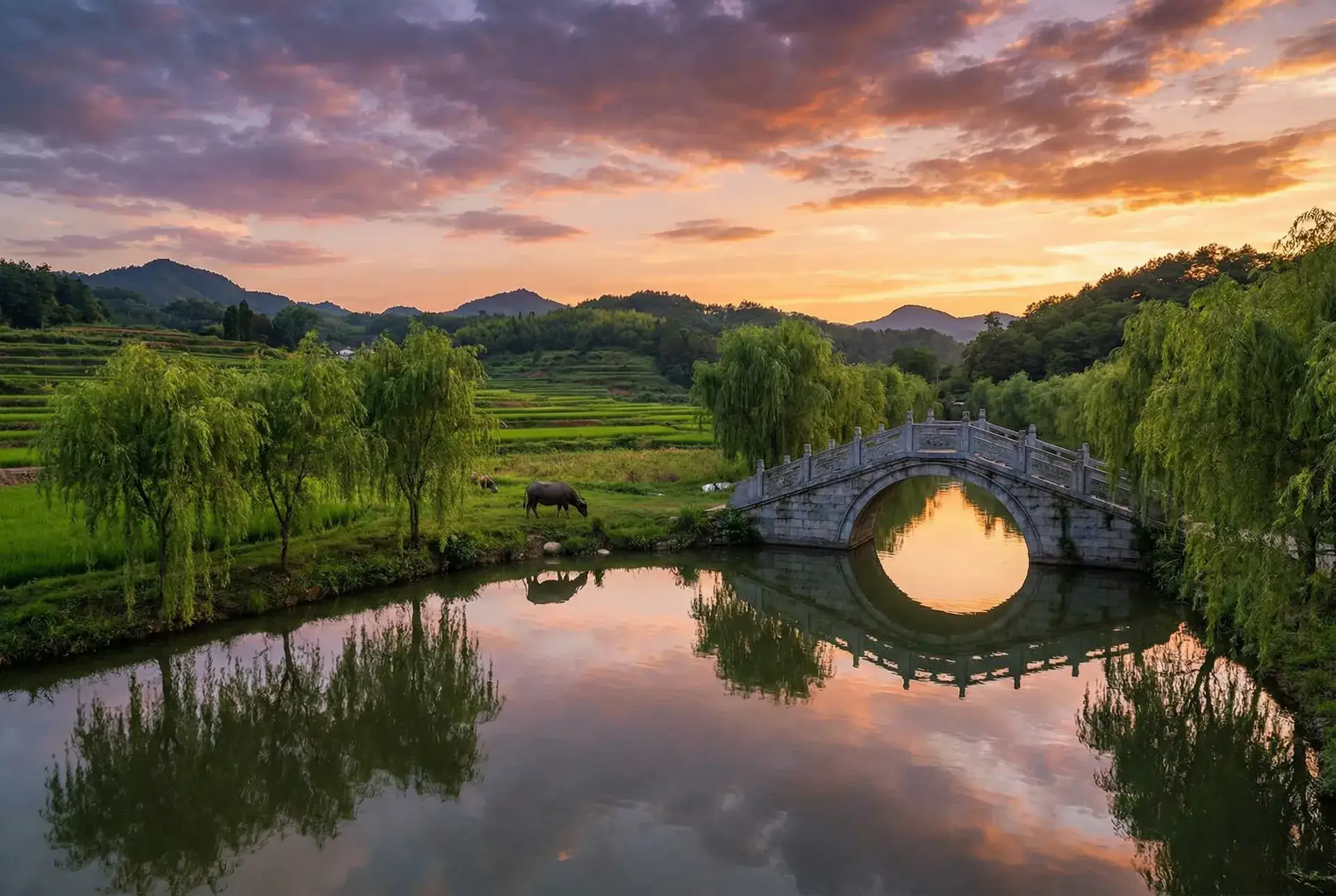 夕阳下的石拱桥与垂柳，水牛在河边吃草 - 妙药春情 乡村美景