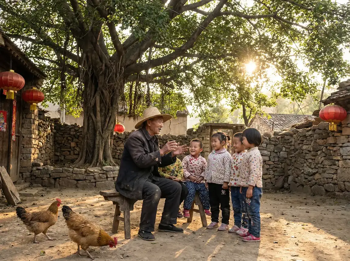 老人在大榕树下给孩子们讲故事 - 妙药春情 乡村记忆